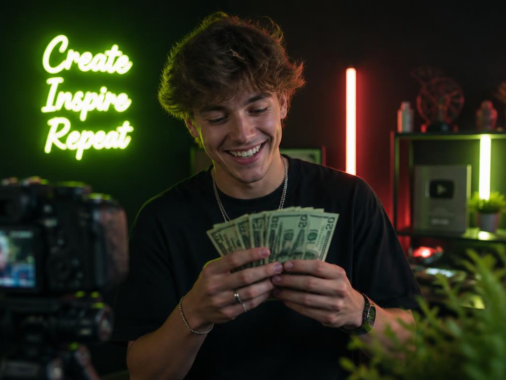 Influencer smiling while counting cash from a brand deal